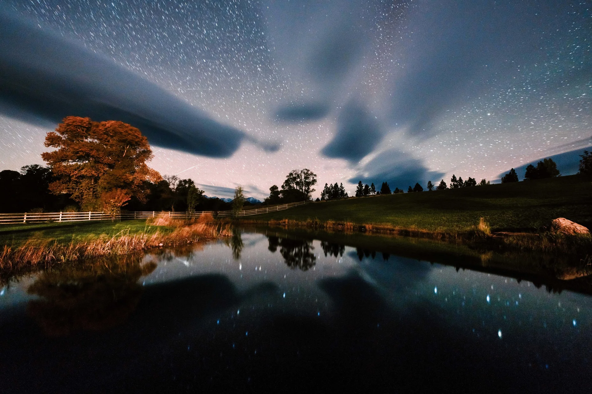 image if a pond taken at night