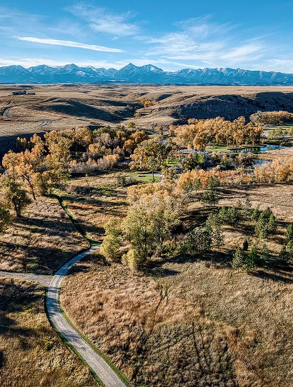 drone shot of trail leading to the pond